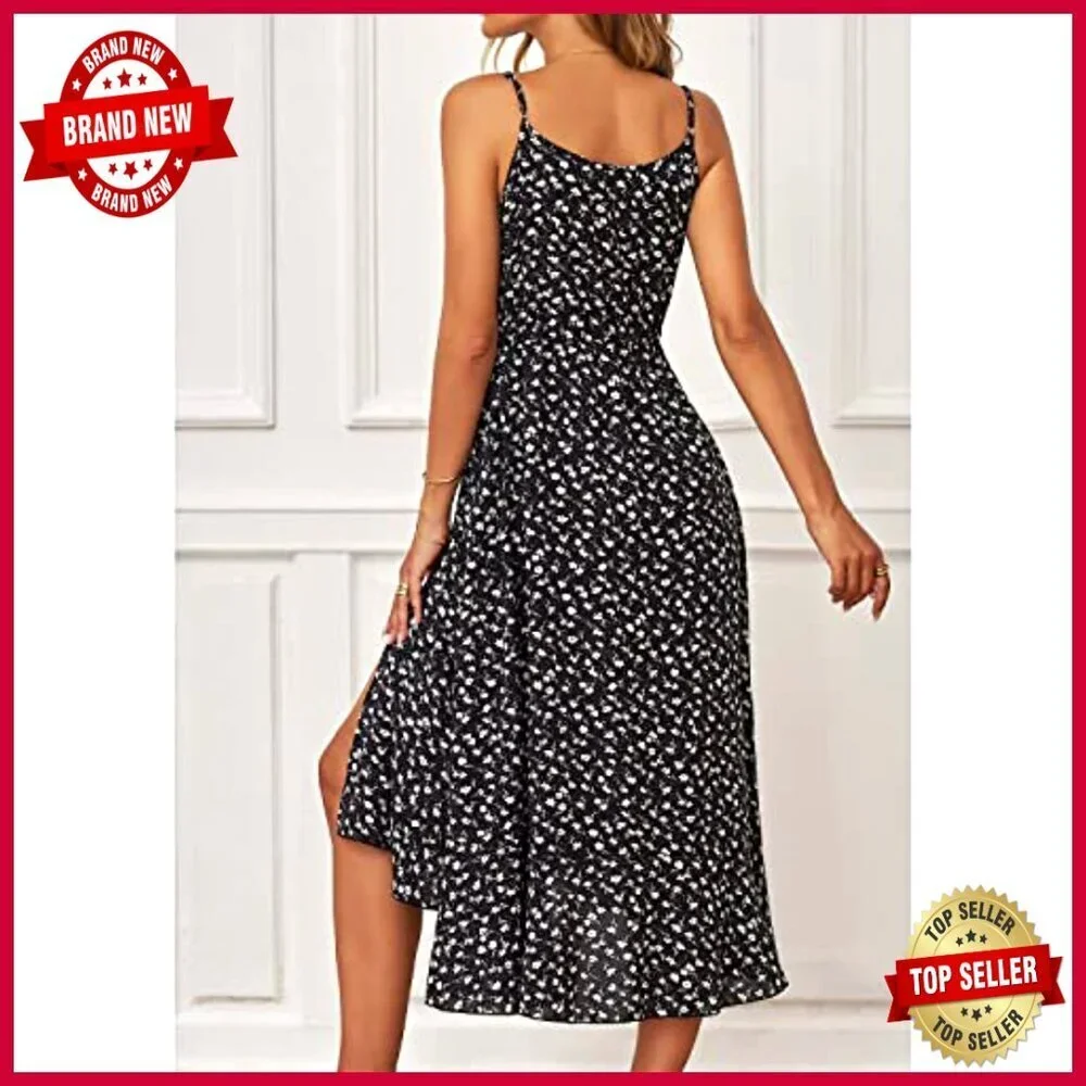 Boho Sundress Polka Dot Spaghetti Strap V Neck Flowy Midi Summer Casual